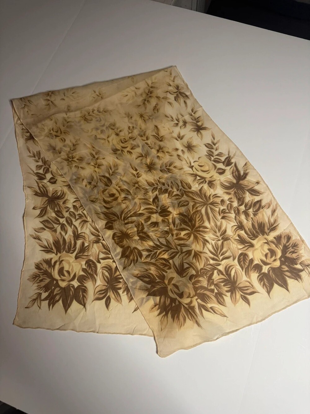 Vintage 70โs Neutral Floral Hair Tie Neck Scarf Retro Cream Brown Chiffon